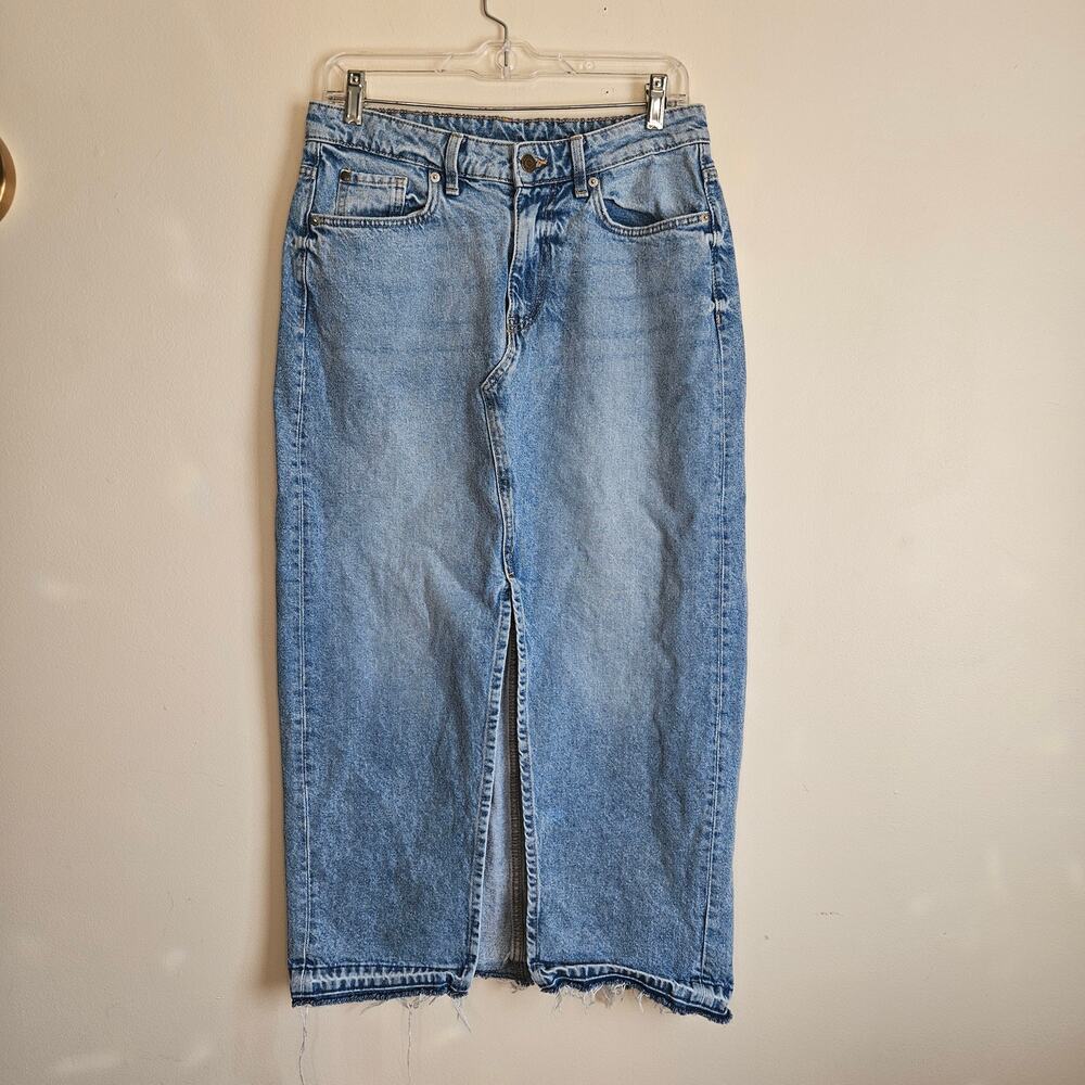 & Denim High Slit Denim Skirt, Light Wash, Ghost Hem Sz S